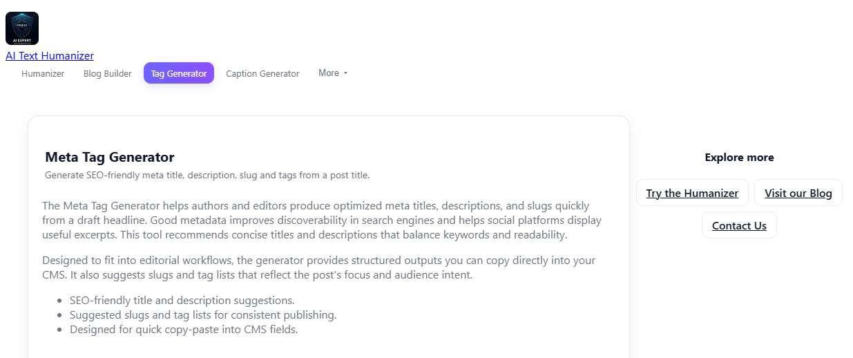 AI SEO & Meta Suite — Meta Tag Generator tool at oneaihuman.com (original screenshot)