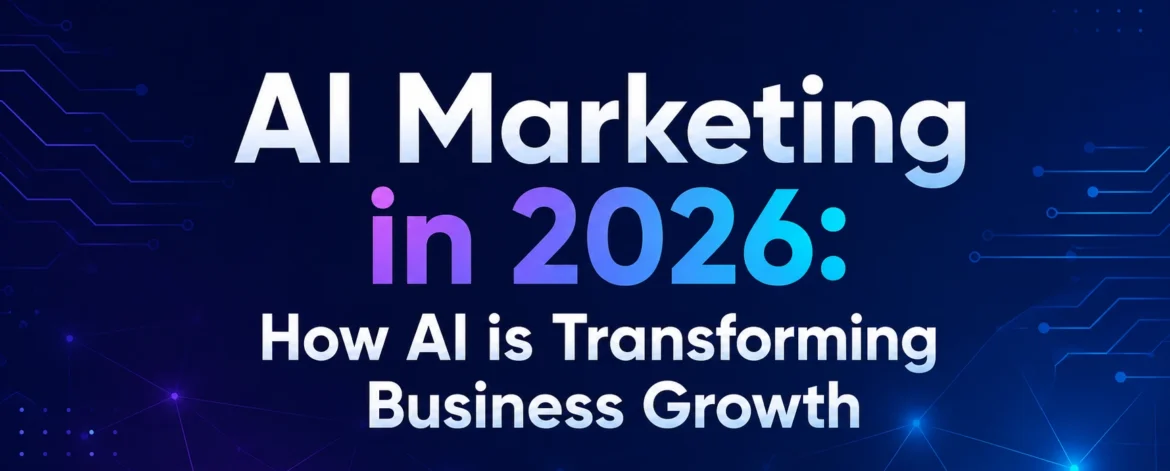 ChatGPT Image Jul 9, 2026, 01_45_27 PM "AI Marketing in 2026: How AI is Transforming Business Growth" blog banner featuring a futuristic dark blue background with digital circuit patterns and glowing network connections. The title is centered in bold white and blue gradient text, representing artificial intelligence, digital marketing, automation, and business innovation.