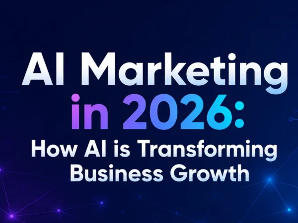 ChatGPT Image Jul 9, 2026, 01_45_27 PM "AI Marketing in 2026: How AI is Transforming Business Growth" blog banner featuring a futuristic dark blue background with digital circuit patterns and glowing network connections. The title is centered in bold white and blue gradient text, representing artificial intelligence, digital marketing, automation, and business innovation.