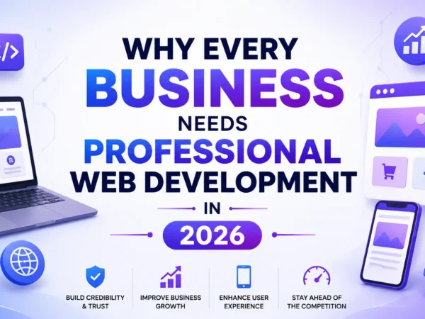 bussiness and profession "Modern web development blog banner featuring the centered title 'Why Every Business Needs Professional Web Development in 2026' with laptop, website interface, smartphone, code, analytics, and gear icons on a clean blue and purple gradient background, representing responsive web design, business growth, and digital transformation."