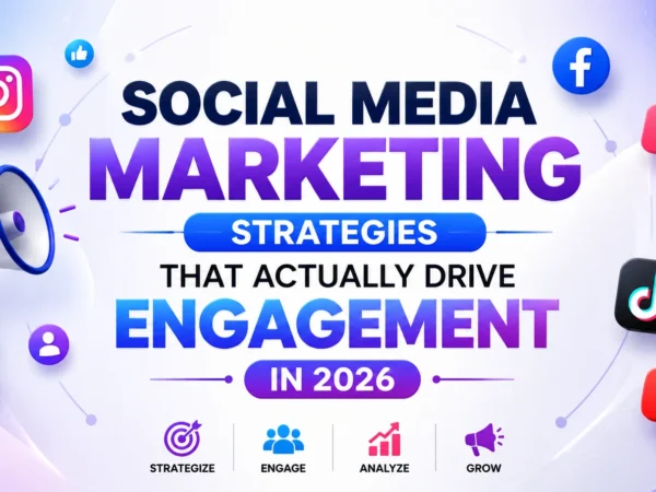 social marketing "Modern blog banner with the centered title 'Social Media Marketing Strategies That Actually Drive Engagement in 2026', surrounded by social media icons including Instagram, Facebook, TikTok, YouTube, and engagement symbols on a clean blue and purple gradient background, representing digital marketing and audience engagement."