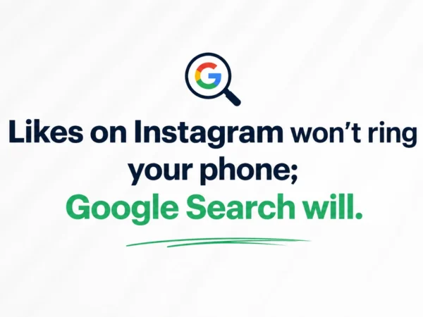 Blog graphic with the text “Likes on Instagram won't ring your phone; Google Search will.” highlighting the value of Google Search over Instagram likes.