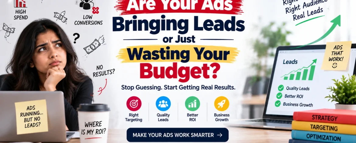 Are Your Ads Bringing Leads or Just Wasting Your Budget? – a digital advertising graphic comparing wasted ad spend and low conversions with quality leads, better ROI, and business growth.