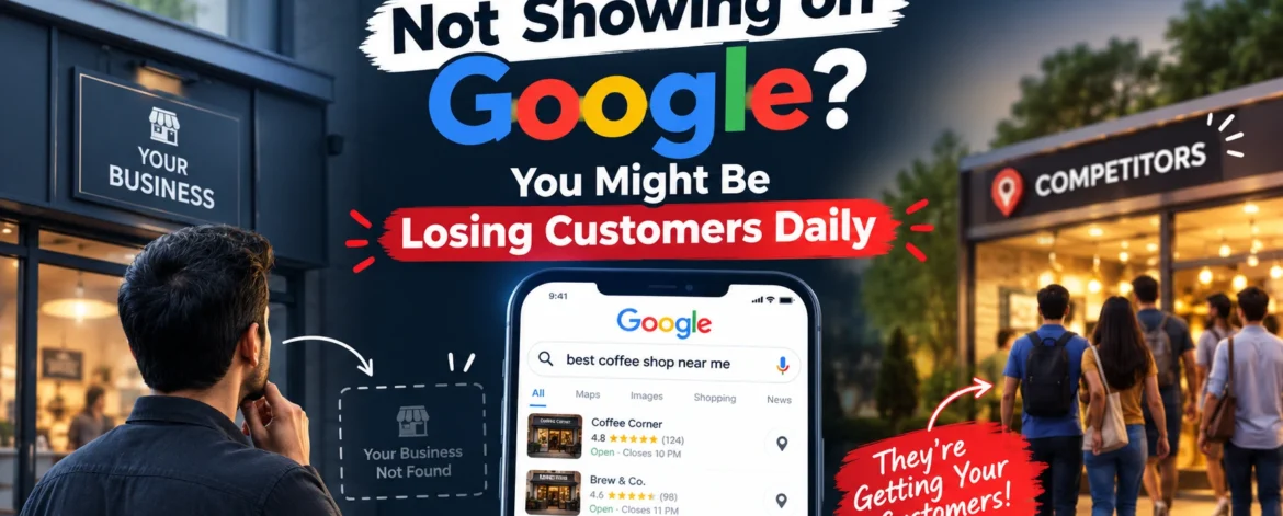 Business owner looking at a Google search where their business is not appearing, while competitors are attracting customers. The graphic highlights the message “Not Showing on Google? You Might Be Losing Customers Daily” with a smartphone showing local search results.
