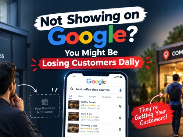 not showing Business owner looking at a Google search where their business is not appearing, while competitors are attracting customers. The graphic highlights the message “Not Showing on Google? You Might Be Losing Customers Daily” with a smartphone showing local search results.
