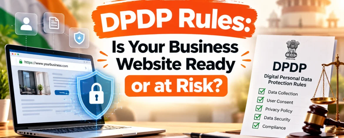DPDP Rules infographic highlighting website data protection compliance, user consent, privacy policies, secure data collection, and business website security requirements in India.